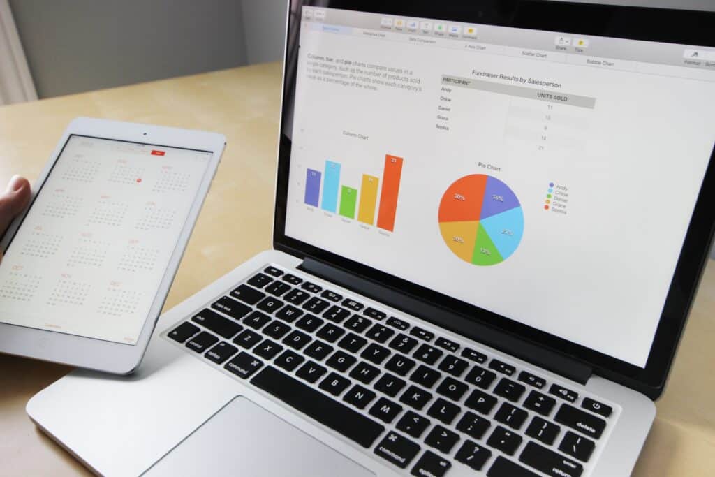 Calculator and financial charts for tracking marketing expenses