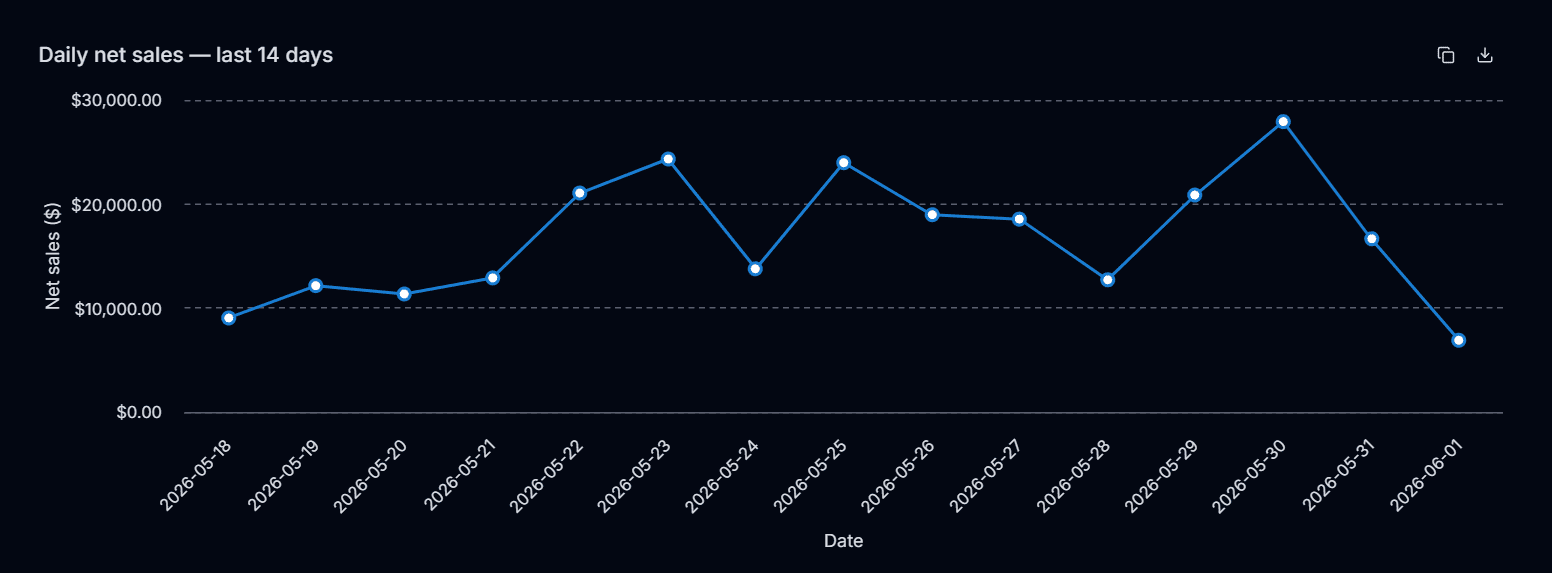 Daily net sales chart showing 14-day trend in Lifetimely