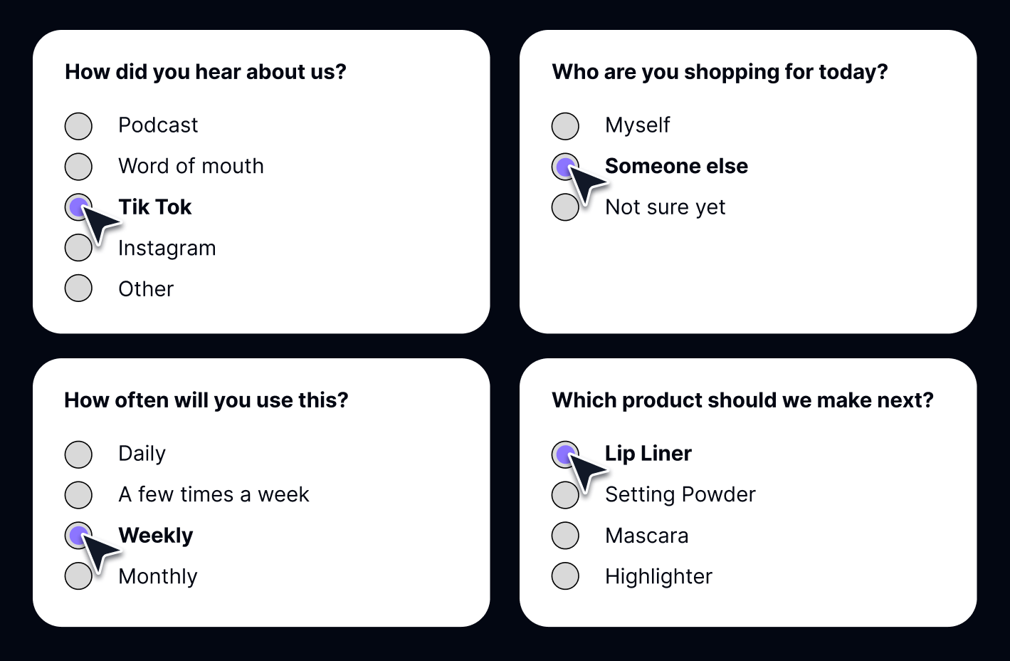 Post-purchase survey question card examples — Attribution, Motivation, Profile, Product