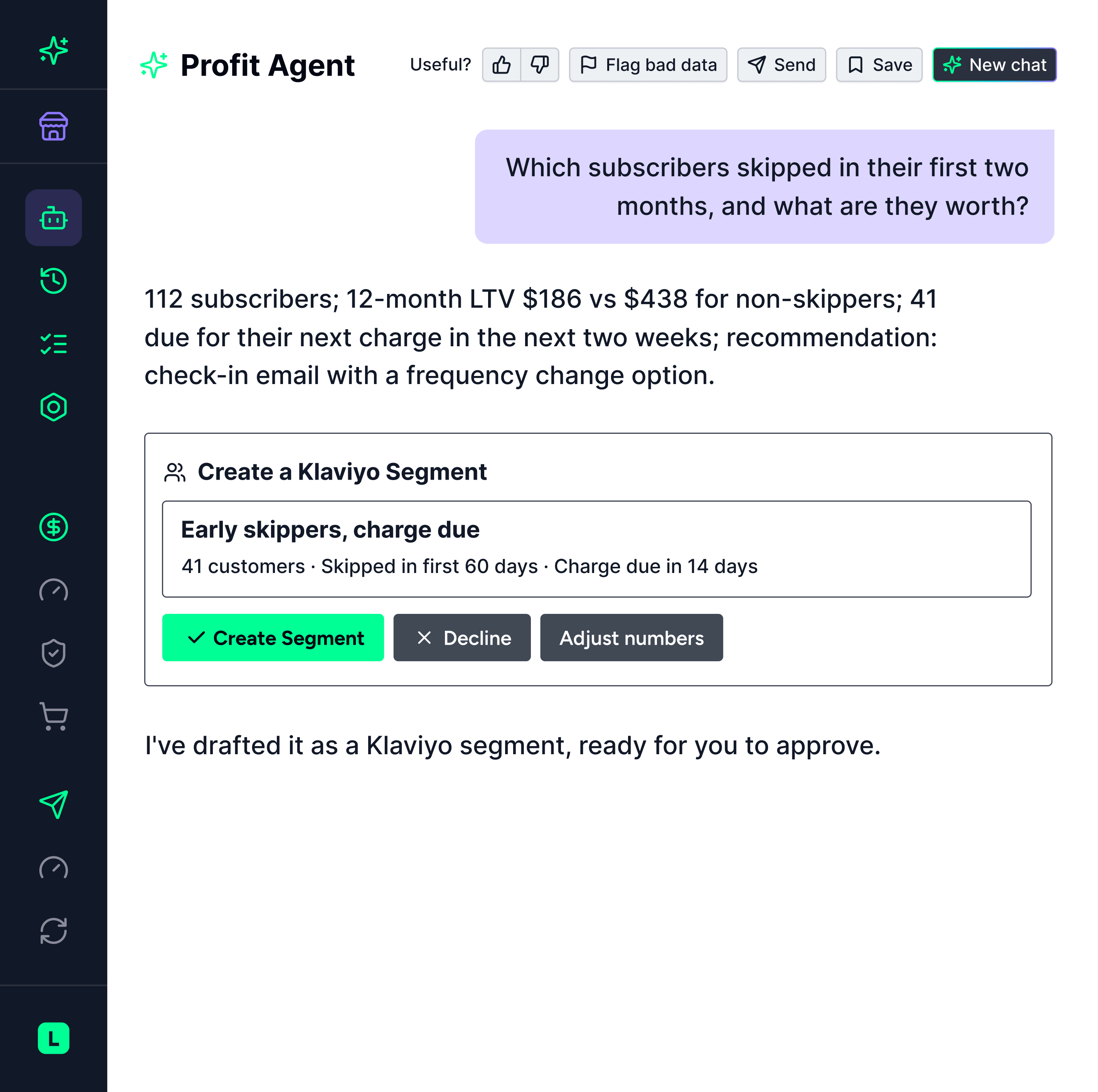 Profit Agent showing early-skip subscribers valued on LTV and contribution margin with a Klaviyo segment suggestion