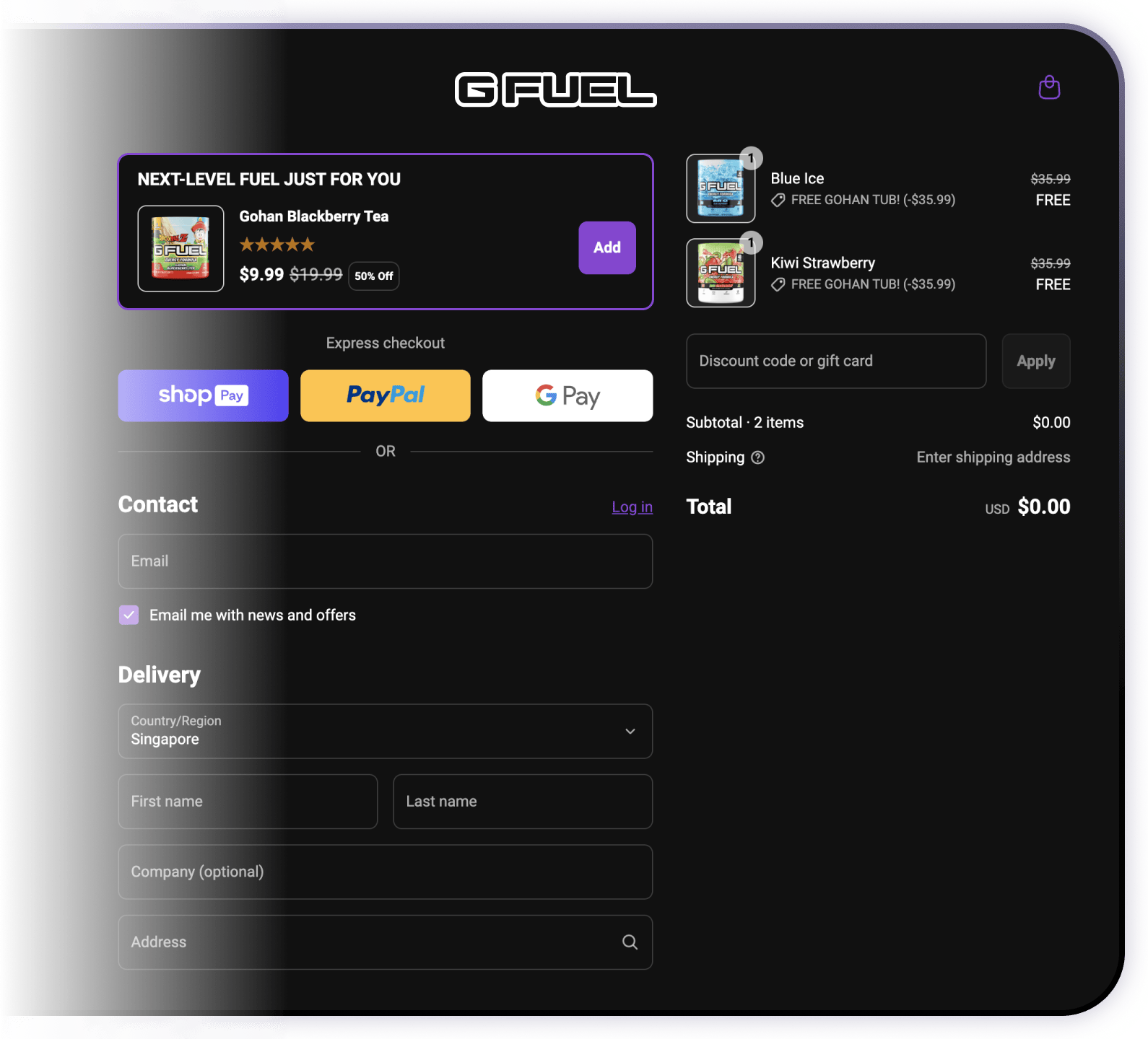 G FUEL checkout upsells