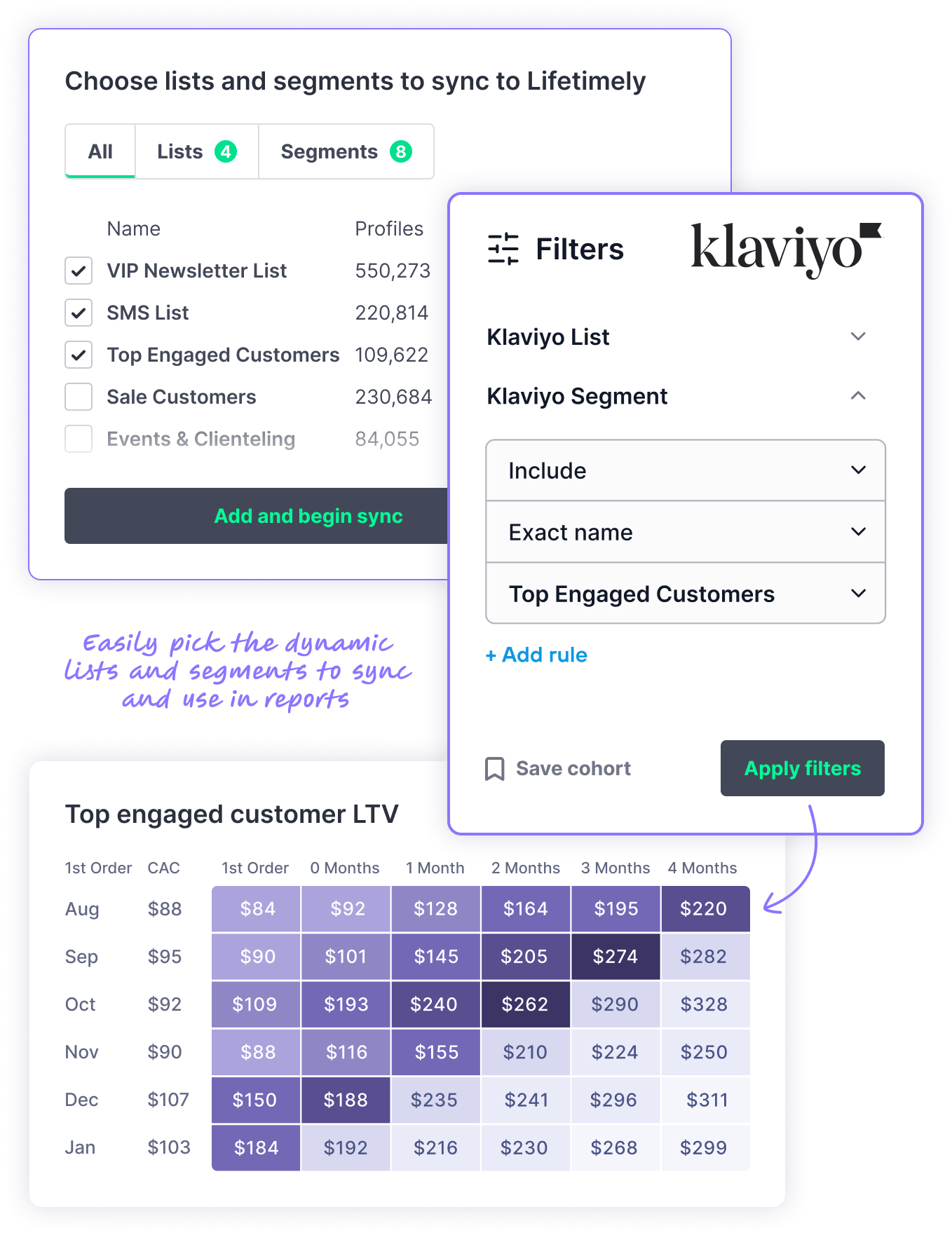 Filter Lifetimely reports using Klaviyo lists and segments