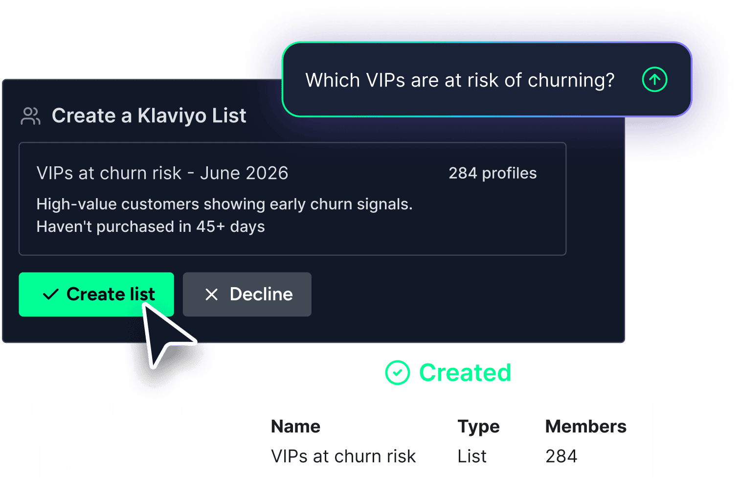 Profit Agent creating a Klaviyo list of VIPs at churn risk