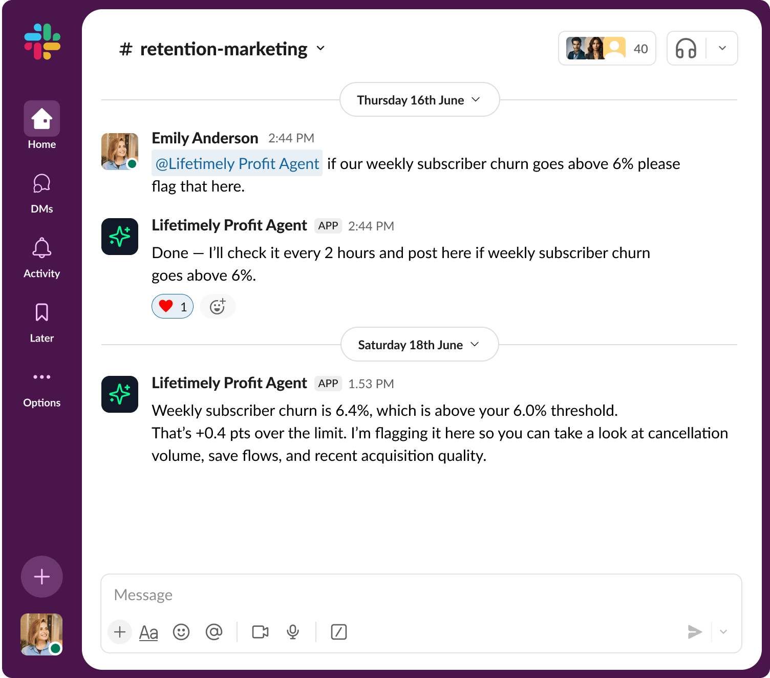 Slack conversation showing the Profit Agent firing a subscriber churn alert when the threshold is crossed
