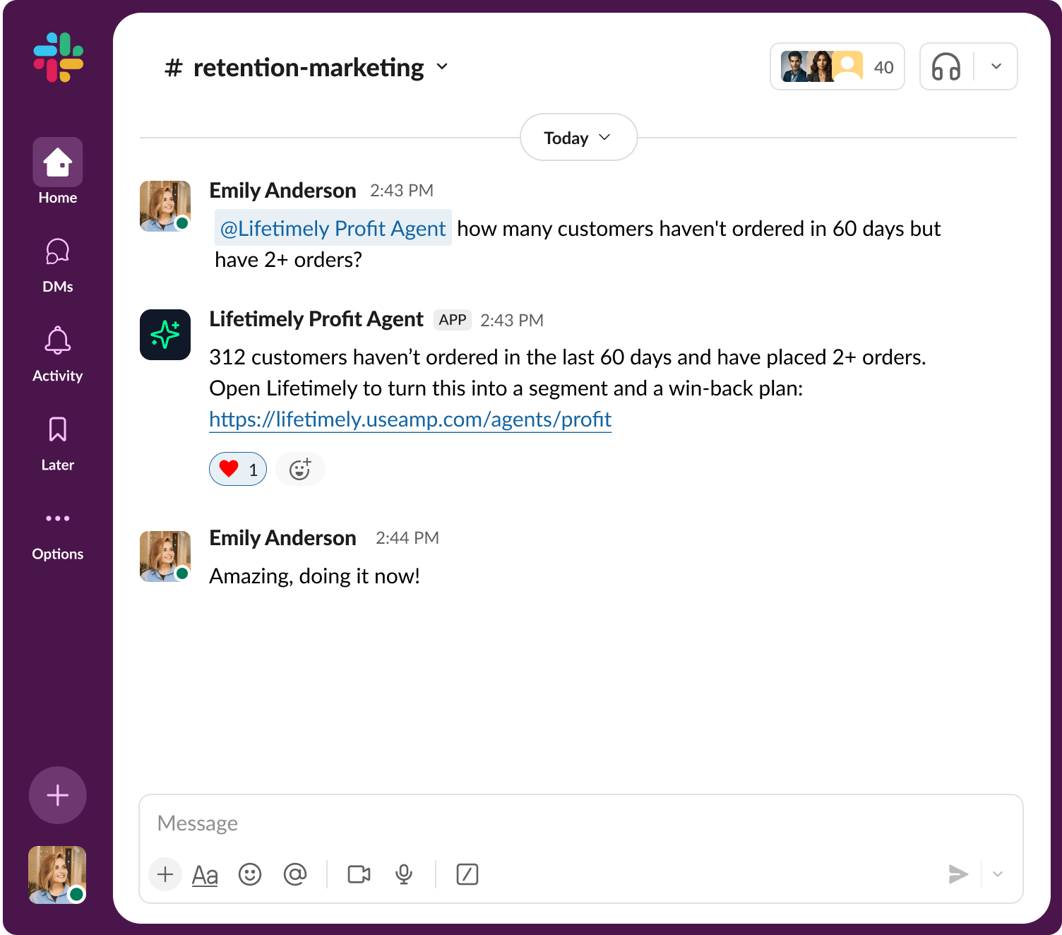 Slack conversation showing the Profit Agent answering a customer lapse question in the thread