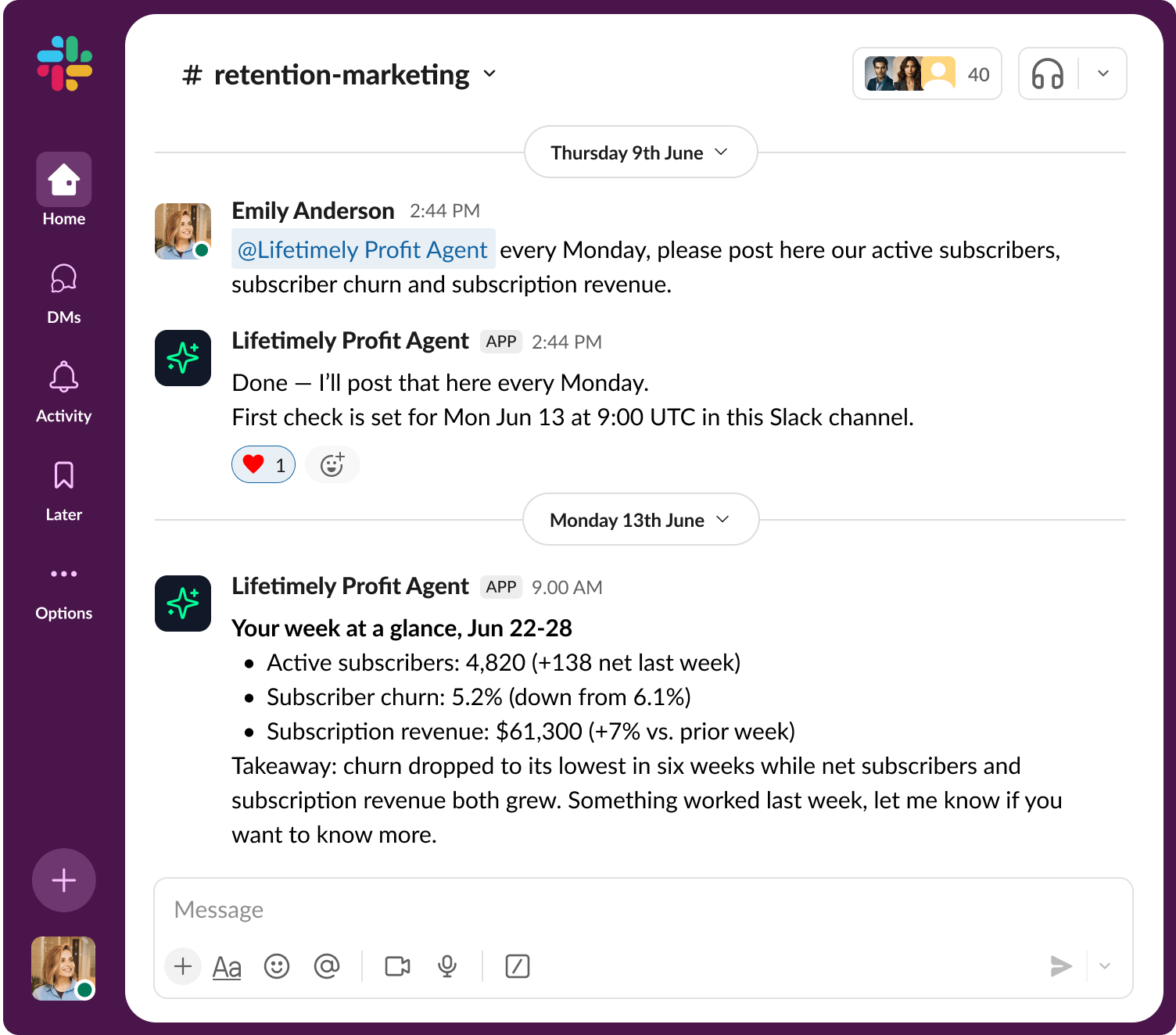 Slack conversation showing the Lifetimely Profit Agent posting a weekly subscriber and revenue summary to #retention-marketing
