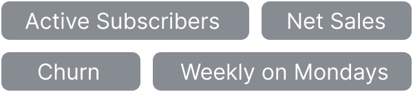 Metric selector pills: Active Subscribers, Net Sales, Churn, Weekly on Mondays