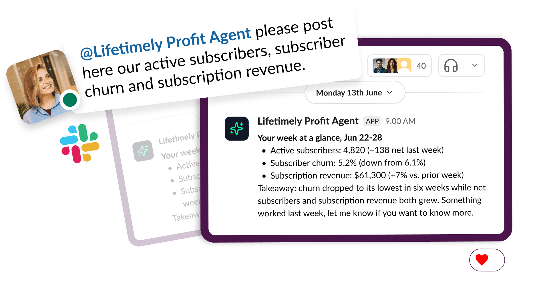 Lifetimely Profit Agent posting a weekly summary to a Slack channel