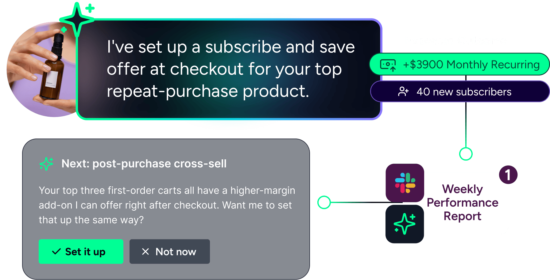 Profit Agent chat showing a subscribe and save offer created at checkout, with subscriber metrics and a Slack performance report notification